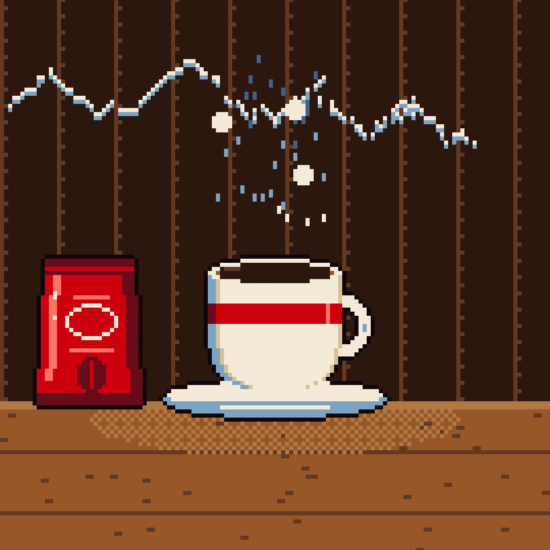 Fotograma del reel en pixel art: una taza de café junto a una bolsa roja, con el vapor dibujando las montañas
