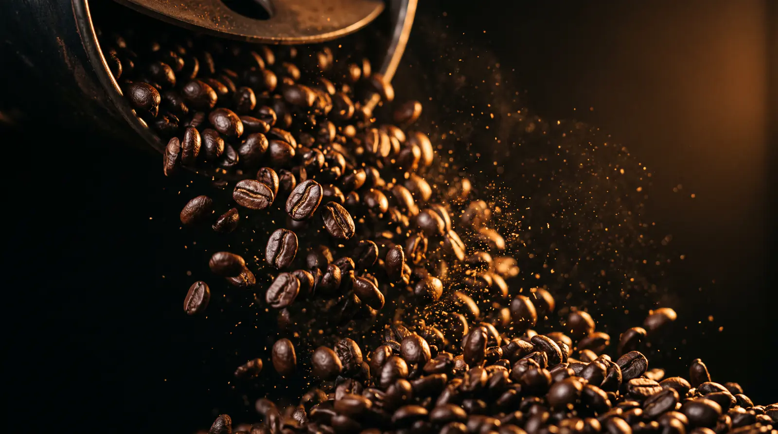 Granos de café recién tostados cayendo en cascada