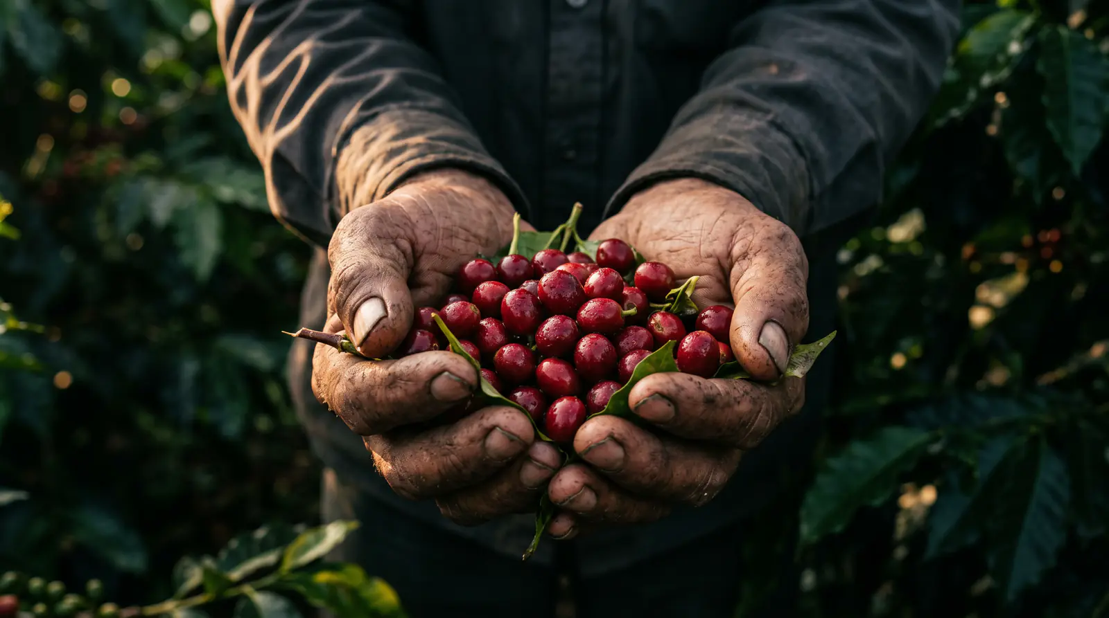 Manos de un caficultor sosteniendo cerezas de café rojas recién recogidas